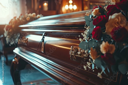 Close up of a coffin in a hearse chapel or cemetery burial