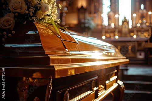 Close up of coffin in hearse or chapel or burial at cemetery
