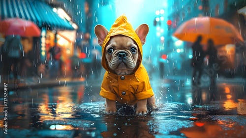 Cute french bulldog in the rain, funny adorable dog posing in fashionable coat, umbrella cityscape background, pet in costume greeting card wallpaper, creative animal concept unique 3d digital art