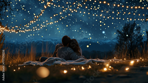 Cozy scene of a couple snuggled up on a blanket under a starlit sky, surrounded by fairy lights, Valentine's Day, starlit romance, hd, cozy with copy space