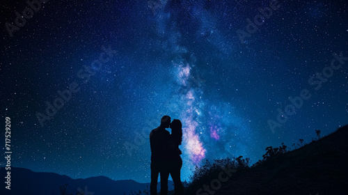 Intimate snapshot of a couple sharing a tender moment while stargazing, surrounded by the beauty of the night sky, Valentine's Day, stargazing love, hd, intimate with copy space