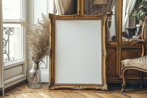 blank vintage picture frame standing on the floor of a parisian appartement - design/art mockup template