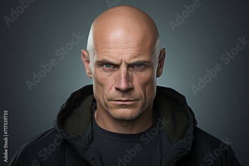 Portrait of a bald man with a serious look on a gray background