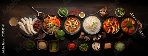 Top view of korean food with meat, seafood, sauces and vegetables in black bowls on table or wooden surface. Fresh and cooked asian ingredients presentation on dark background. 