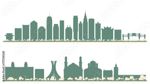 Abstract Algiers Algeria and Chongqing Сhina City Skyline set with Color Buildings. Illustration. Business Travel and Tourism Concept with Modern Architecture.