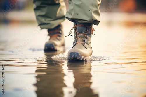 anglers boots stepping into rippling water