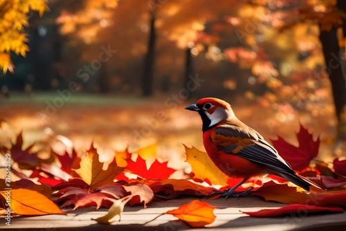 Craft a serene autumn scene with a composition that includes a warm woolen red blanket, a bird, and scattered autumn leaves on a wooden table. 