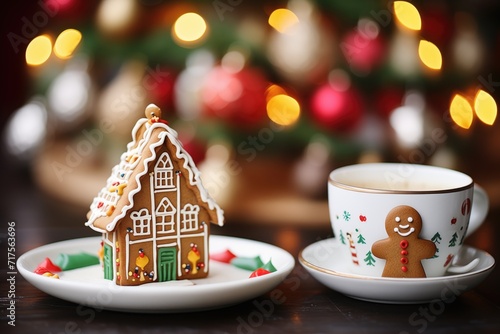 gingerbread latte with a mini gingerbread house on the saucer