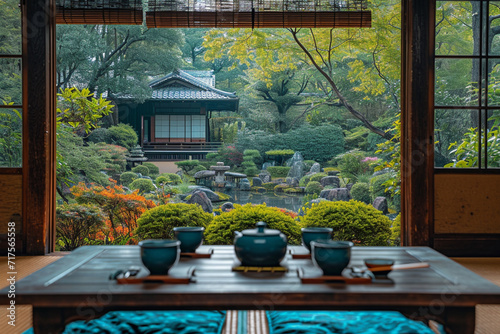 A traditional Japanese tea ceremony with a serene garden background.