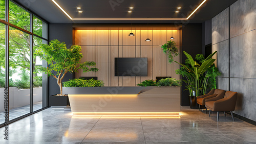 .Capture a modern reception area with a stylish desk