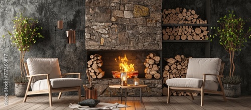Interior of living room in modern style with elements of stone Fireplace where burning fire and basket with firewood near Two armchair and little table around. Copy space image