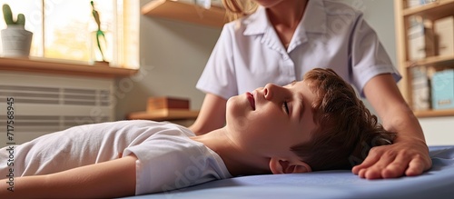 osteopath does physiological and emotional therapy for kid pediatric osteopathy treatment session alternative medicine taking care of the child s health. Copy space image