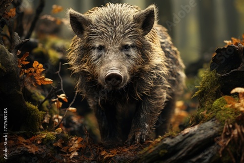 A wild boar in a dense forest