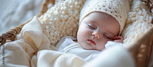 Newborn baby dressed in white clothes sleeps in the cradle. Copy space image. Place for adding text or design