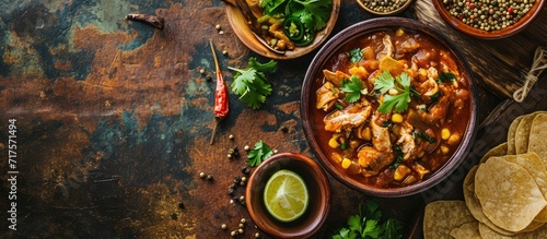Pancita Also known as Menudo or Mondongo it is a typical dish from Mexico and other countries it is prepared with beef tripe and dried chilies accompanied by corn tortillas. Copy space image