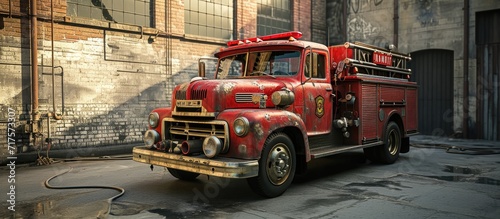 Front view of an old fire truck in front of a fire station. Copy space image. Place for adding text or design