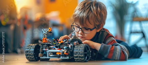 One kid choose parts of robotic electric toys for his age of four to build robots at robotics school lesson. Copy space image. Place for adding text or design