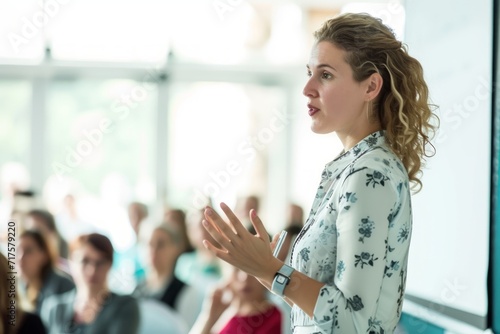 Confident woman giving a presentation at a conference