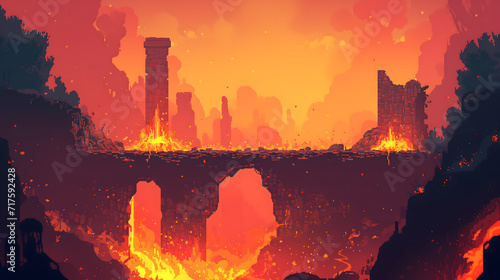 destruction of buildings due to fires originating from volcanic lava, apocalypse landscape, destruction of civilization, background in pixel art style, rpg game background