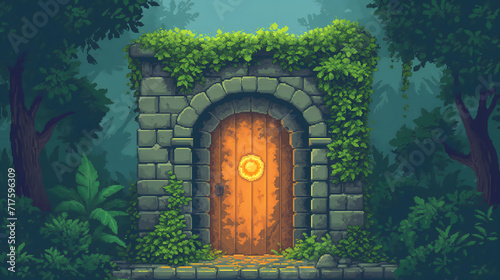 portal in the forest in pixel art game background, magic gate portal view, pixel art game background