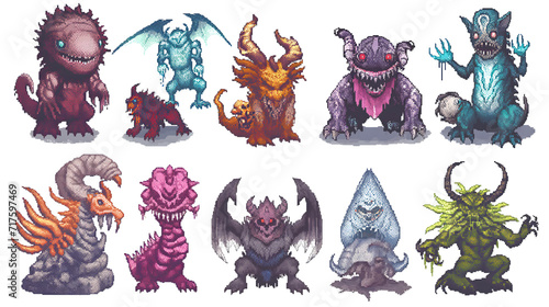 set of monsters in pixel art game style, enemy characters in pixel game, isolated on white