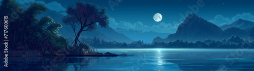 lake with moon at the night, pixel art landscape background wallpaper, rpg game background, background with a ratio size of 32:9