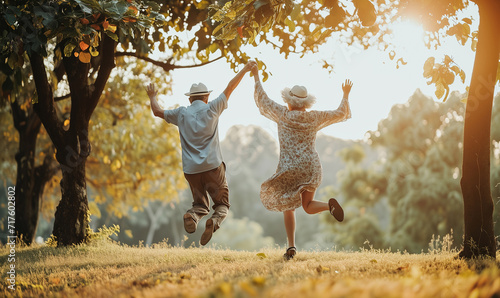 lebensfrohes Seniorenpaar springt und tanzt im Park