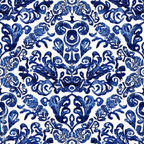 Watercolor painted indigo blue damask seamless pattern on a white background. Spanish tile with hand drawn Baroque and floral ornaments in Mediterranean majolica ceramic painting style.