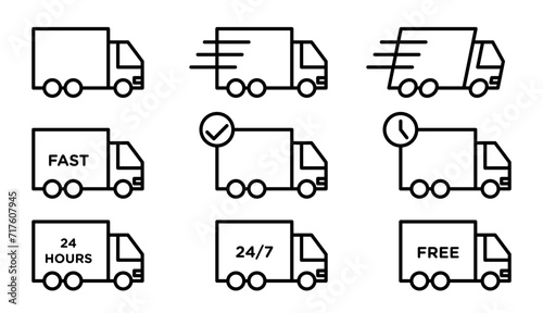 express free parcel delivery moving truck vector icon set. fast order dispatch and quick distribution truck sign. cargo goods shipping truck symbol. package shipment van sign.