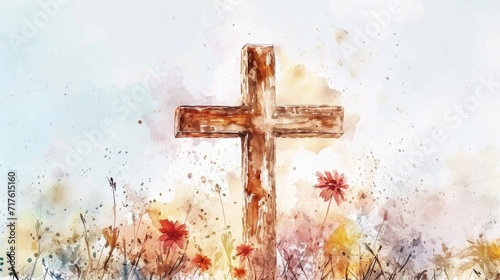 A watercolor painting of a cross surrounded by vibrant flowers. Perfect for religious or spiritual themes
