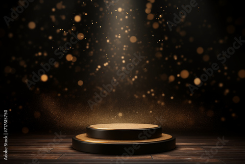 Product scene on a black podium with spotlight and golden glitter background.