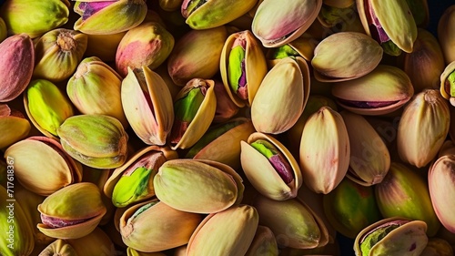 Background with pistachios nuts. Top view of nuts