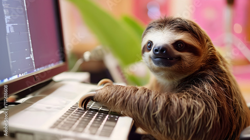 Concept of a lazy worker in the form of an animal sloth at the computer