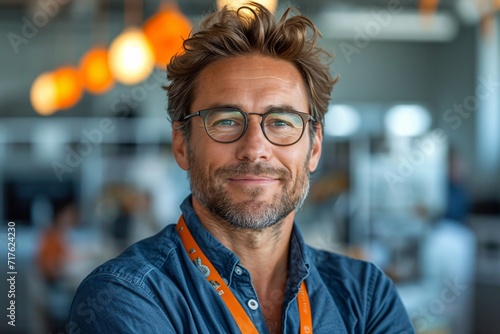 Bearded Man in Blue Shirt with Glasses and Orange Lanyard Generative AI