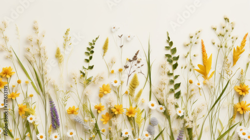 Flat lay of assorted wildflowers with vibrant colors on a white background.