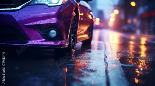 Close-up of a shiny purple car parked on a wet urban street, reflecting city lights at dusk.
