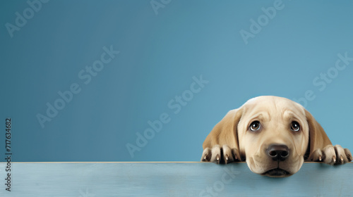 Curious Puppy Peeking Over Blue Surface with Copy Space