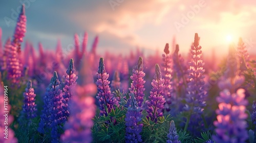 A field of wild lupines stretching to the horizon, their violet and blue hues creating a carpet of color beneath a clear sky. 