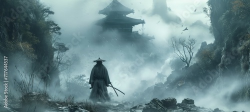 Samurai warrior on misty valley landscape. Fictional character. Generative AI technology. 
