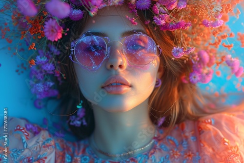 Flower Power: A Flower-Crowned Woman in Pink Glasses and a Heart-Shaped Sunglasses Generative AI
