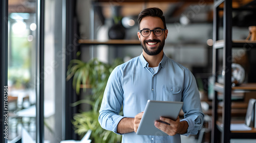 A cheerful young Latino entrepreneur uses a tablet while standing in his office at work. Using a tab computer to manage financial banking or marketing data, a contented male executive manager