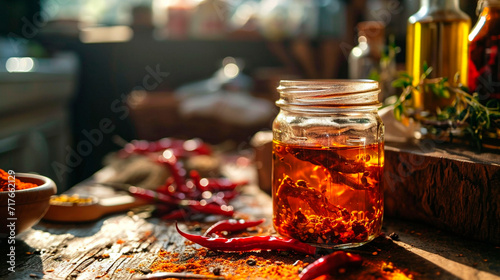 Chili oil in a jar. Selective focus.