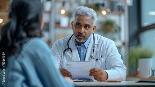 An Indian male physician fills out a form while speaking with an elderly patient. At a clinic consultation, a senior doctor in a white coat is speaking with a mature woman and signing a medical docume