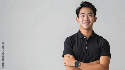 Asian dude dressed in black Polo a happy hand with a copy space on the palm against a white backdrop at the waist