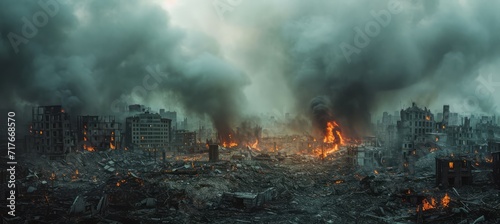 Post apocalypse city background after nuclear war. Destroyed city buildings. Generative AI technology. 