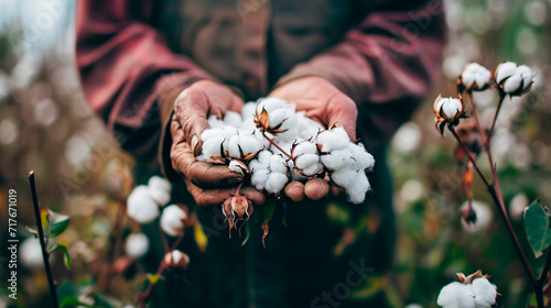Farmer holding cotton flowers in the field. Selective focus.
