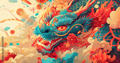 Colorful illustration capturing the festive atmosphere of Chinese New Year with dynamic firecracker