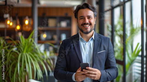 Smiling and content, a young Latino manager or CEO stands in an office, holding a smartphone and uses it to make a bank transfer while averting his eyes from his work