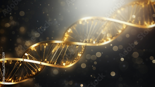 Gold Fantasy DNA Strand With White Dots, Structure of Life Revealed in Golden Light. Concept of health, high cost of medical services. Luxury trendy background. Banner.