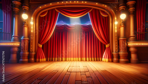 Red curtain theater stage, a traditional setting for performing arts. Generative AI.